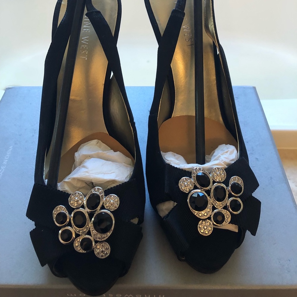 Black& Silver Jeweled Satin strapped Heels